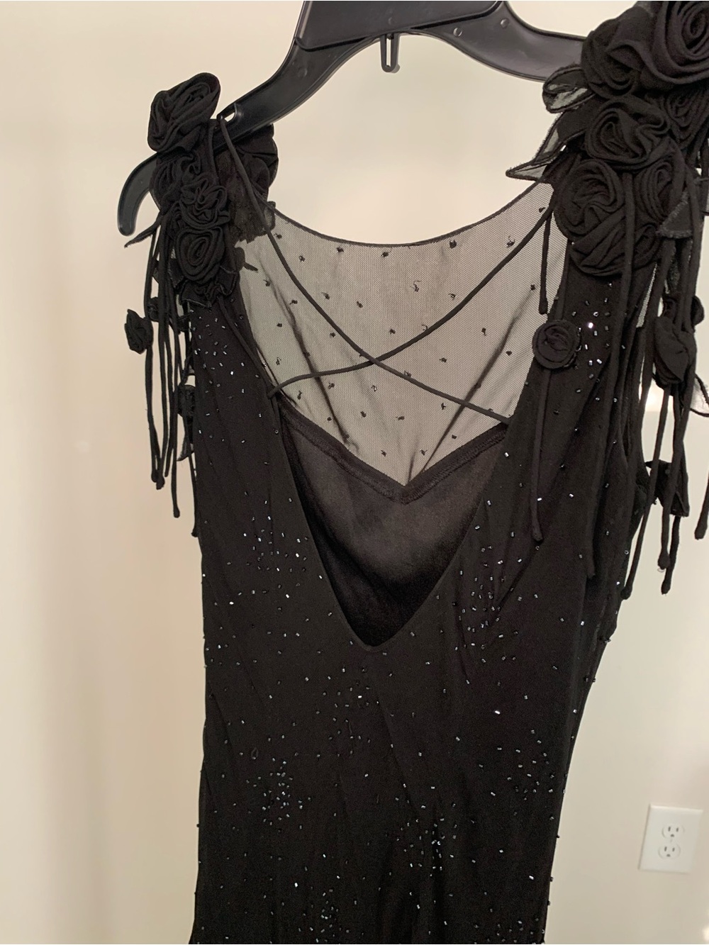 Sue Wong Black Beaded Maxi Dress with Floral Shoulder Appliqués - Picture 8 of 12